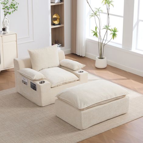 Sofá chaise longue (27.5x35.0x120.0 cm), sin montaje, con 4 cojines, portavasos y bolsa lateral, chenilla beige (1/5)