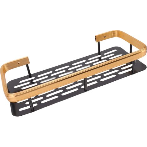 Étagère de douche à un niveau en aluminium durable antirouille avec autocollant, pour salle de bain, chambre, cuisine, noir et or. (1/5)