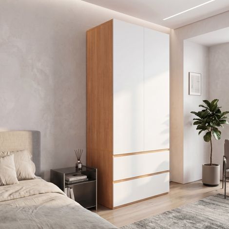 MODFU – Armadio 90x50x200 cm in MDF/truciolato con appendiabiti, 2 cassetti, vano superiore e finitura bianco effetto rovere – Bianco/rovere (1/5)