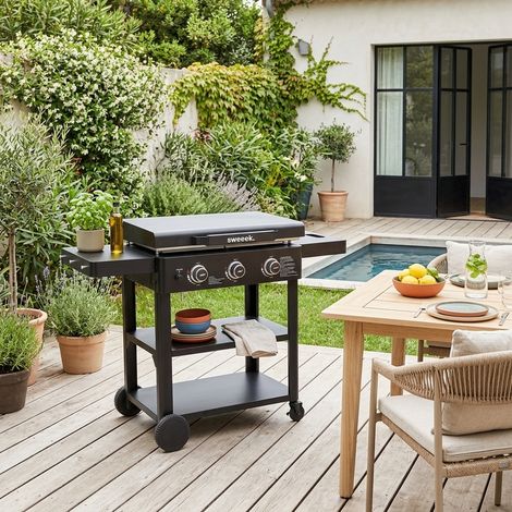 Plancha gaz 3 brûleurs acier inoxydable 12kW avec chariot noir - Raoul