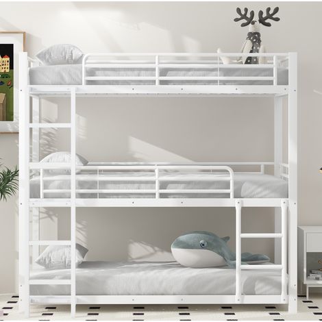 Cama litera triple (204x95x194 cm), ahorra espacio, con barandillas y escalera, metal blanco (1/5)