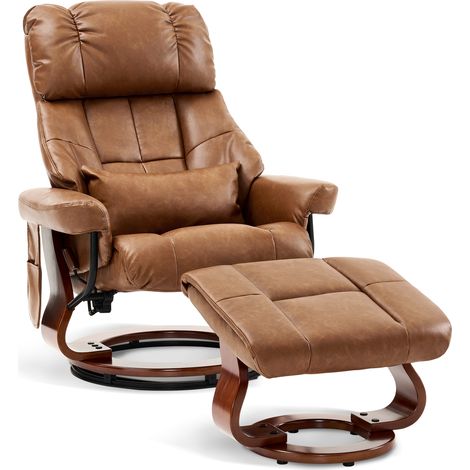 M MCombo Relaxsessel mit Hocker, Drehbare Fernsehsessel mit Liegefunktion, Moderner TV-Sessel Stuhl für Wohnzimmer, mit Kissen & Seitentasche, ohne Massagefunktion, Kunstleder, 9066 (Kunstleder-Braun) (1/5)