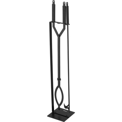Pour poêle et foyer ensemble outils de cheminée 3 pièces pratique avec support pince et tisonnier en fer forgé noir (1/5)