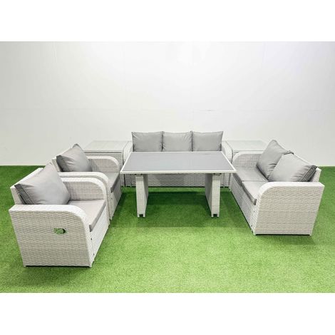 Fimous 7 Seater Garden Furniture Set PE Ratten Garden Sofa Set with Rectangular Dining Table 2 Side Tables Light Grey (1/4)
