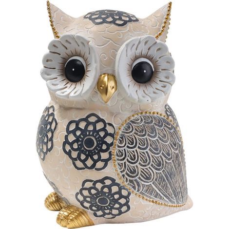 Figurine de hibou, statuette en résine représentant un hibou, idéale pour décorer un salon, un meuble TV, une table ou un bureau. Cadeau idéal. Couleur beige. (1/5)
