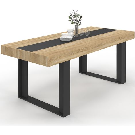 Idmarket – Table à manger rectangle 200 cm – 8 places – Bois mélaminé noir et naturel – Pieds en U pour stabilité