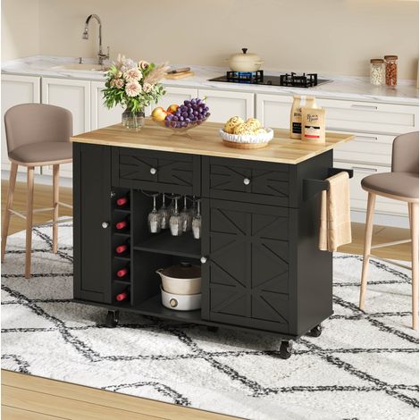 MEUBLIV Îlot de cuisine 120 x 70 x 89 cm noir – plateau rabattable, rangement intégré (1/5)
