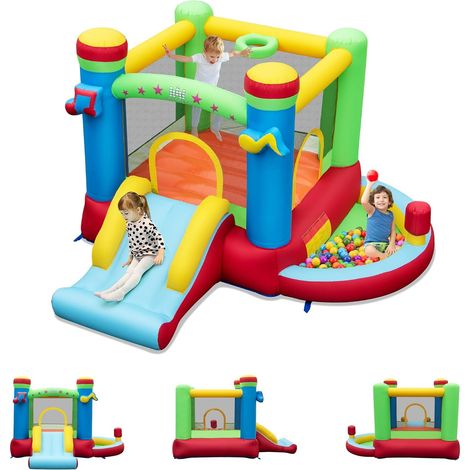 GOPLUS Château Gonflable Exterieur Enfant avec Toboggan, Panier de Basket, Jeux de Lancer d'Anneaux,Thème Musique, pour 2 Enfants de 3-12 Ans,Charge 90KG,294x290x190CM