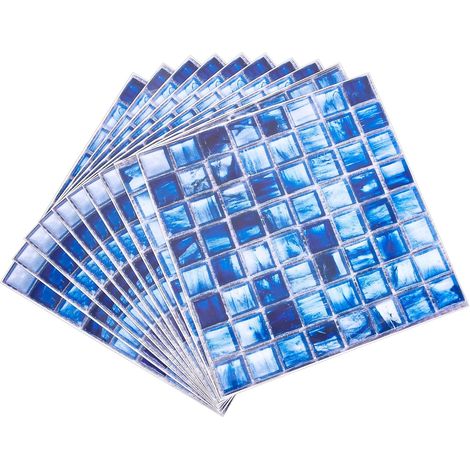 Sticker mosaïque Autocollant auto-adhésif Tuile de papier peint amovible bleue Peler et coller la tuile Sticker mural dosseret pour cuisine salle de bain, 20x20cm (1/5)