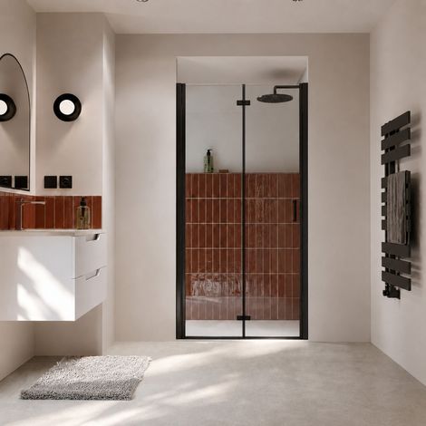 porte de douche pivotante pliante double sens avec charnières 100x195 cm - profilé noir mat (1/5)