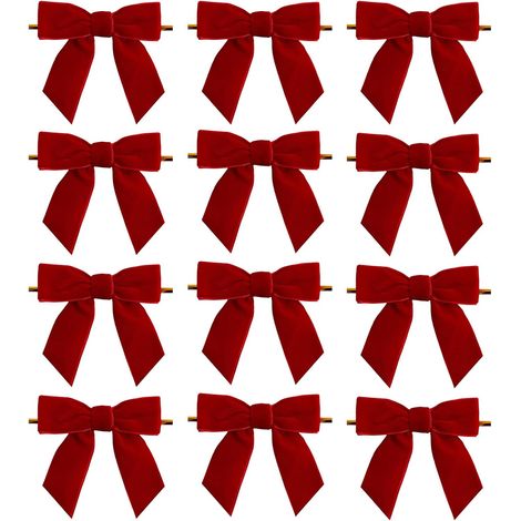 Bluedeer – Lot de 12 nœuds en velours rouge 8x8 cm – Décoration vintage pour sapin de Noël – Boucles pré-attachées pour suspension facile