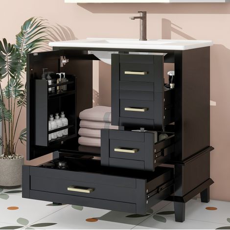 Mobile lavabo 76x45,5x83,5 cm in MDF e ceramica nera con contenitore FloraGrace (1/5)