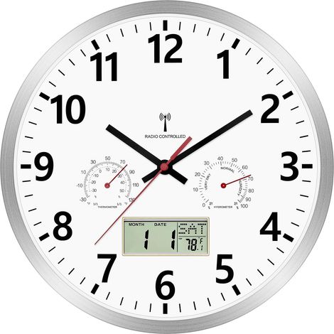 Horloge Murale Radio-Pilotée 30 cm avec Hygromètre, Thermomètre et Écran LCD Multilingue - Horloge Murale Silencieuse pour Cuisine, Salon, Bureau (1/5)