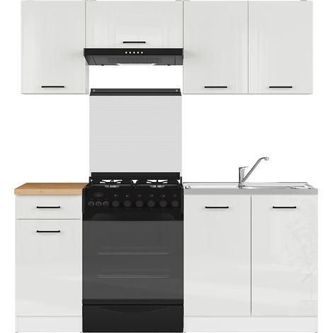 Cuisine complète 180 cm,Ensemble de meuble de cuisine coloris Blanc/Craie brillant, plan de travail coloris Chêne doré inclus (1/4)