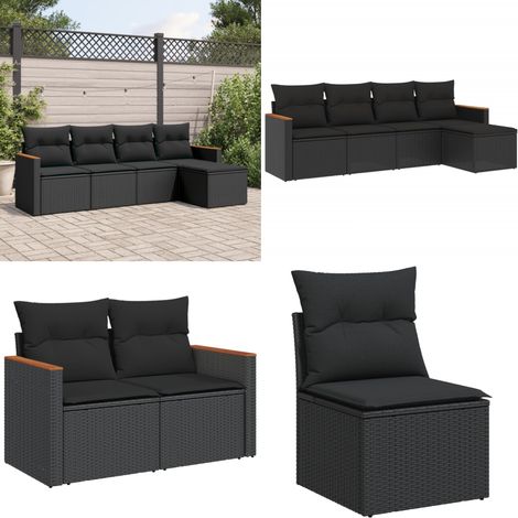 Salon de jardin 5 pcs avec coussins noir résine tressée - Ensemble Salon De Jardin - Mobilier De Jardin - Canapé Extérieur - Fauteuil De Jardin - Table Basse - Home & Living
