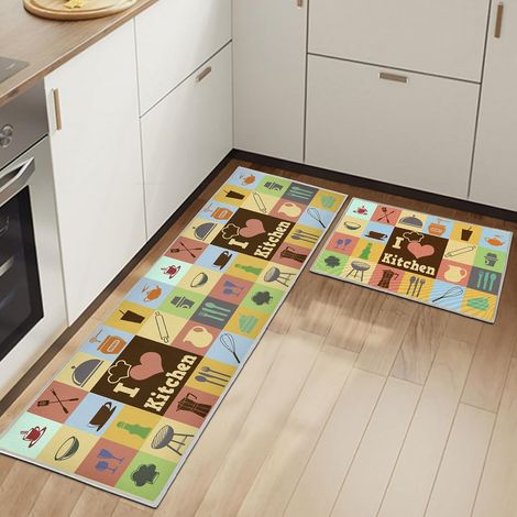 Lot de 2 Tapis de Sol Anti-Fatigue pour décoration de la Maison et du Bureau - Imperméables, antidérapants et Confortables (Ustensiles de Cuisine D, 43x75+43x150cm) (1/5)