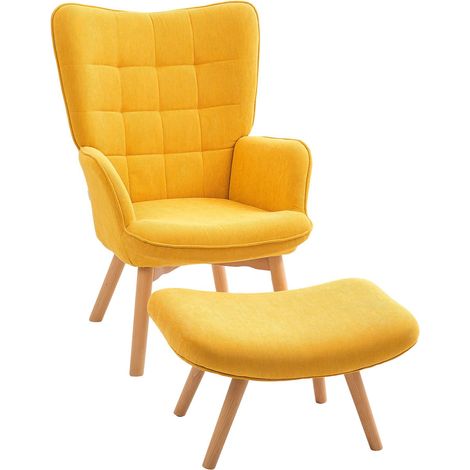 Ohrensessel mit Hocker, Relaxsessel, Polstersessel in Kordoptik, Loungesessel, Armlehnstuhl mit Holzbeine, Fernsehsessel für Wohnzimmer, Orange