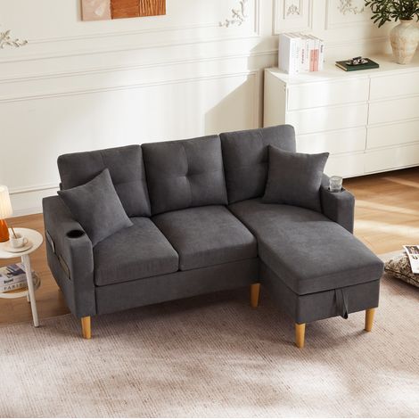 CHICFURN Sofá esquinero 175x129x90 cm de tela gris oscuro con almacenamiento y portavasos (1/5)