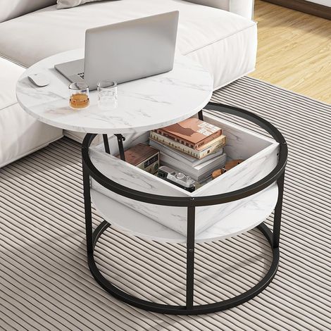 Table basse ronde, table basse à plateau relevable pour salon, table en bois avec rangement caché et plateau relevable, table centrale moderne pour canapé, meubles de salon, blanc (1/5)