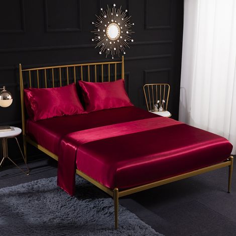 Parure de lit 4 pièces en satin de soie avec drap-housse,drap plat,taie d'oreiller, Rouge, douce et confortable respirante (King) (1/5)