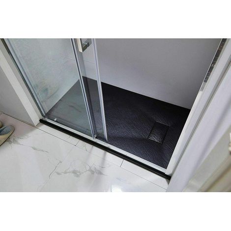 Piatto Doccia Spessore 2.6 Cm Resina SMC Effetto Pietra Stone Ardesia Antiscivolo Riducibile Filopavimento Con Griglia Di Copertura Nero 100x100 Cm - Misura: 90x120 cm (1/4)