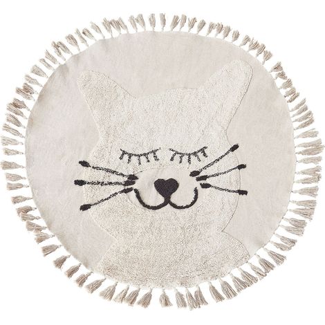 Tapis Enfant avec Motif de Chat et Franges Décoratives ø 120 cm en Coton Beige Etseri