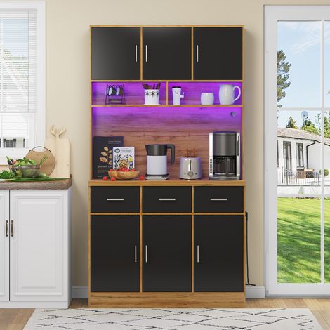 Buffet de cuisine LED - 100x40x180cm - Armoire avec tiroirs, étagères réglables, trous de gestion des câbles et prises - Noir (1/5)