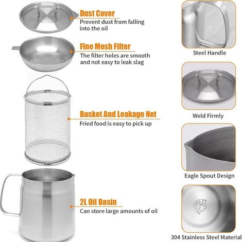 Friteuse Acier Inoxydable 304 avec Mailles Filtre Fines & Filtrant Panier, Marmite Huile Multifonctionnelle 2L Couvercle Anti-Po (1/5)