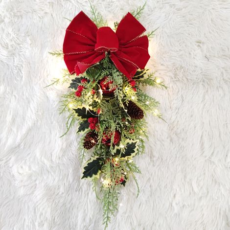 Couronne de Noël pour porte d'entrée, boule de pomme de pin en forme d'arc, décoration florale lumineuse, couronne lumineuse, décorations de fête, fête (1/4)