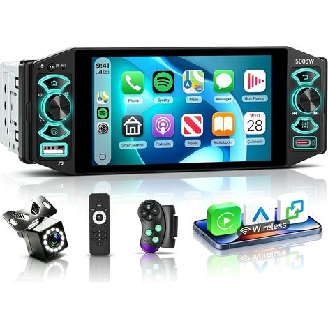 Autoradio 1 Din sans Fil, IPS Écran Tactile de 5 Pouces 1 Din Bluetooth Poste Radio avec Radio AM/FM/RDS, EQ, SWC, Mirror Link, USB/Type-C, Rétroéclairage Coloré+ Caméra (1/5)