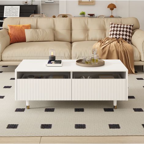 MODFU – Mesa de centro LED 110x50x40 cm de MDF y madera maciza con 2 cajones, app, patas doradas y carga 50 kg – Blanco y dorado (1/5)