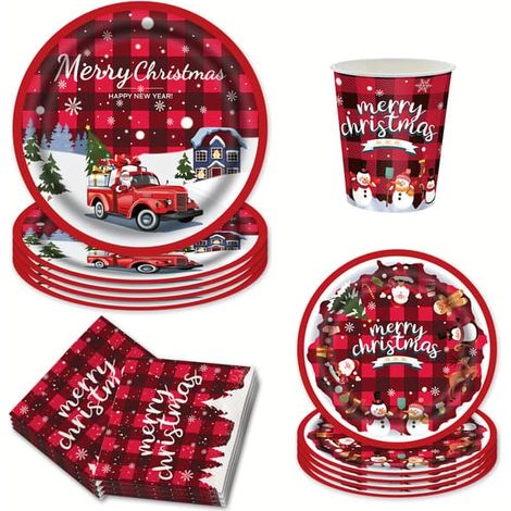 Ensemble de 68 pièces pour une fête de Noël : assiettes, gobelets et serviettes en papier rouge décorés sur le thème de Noël, sets de table écologiques. (1/5)