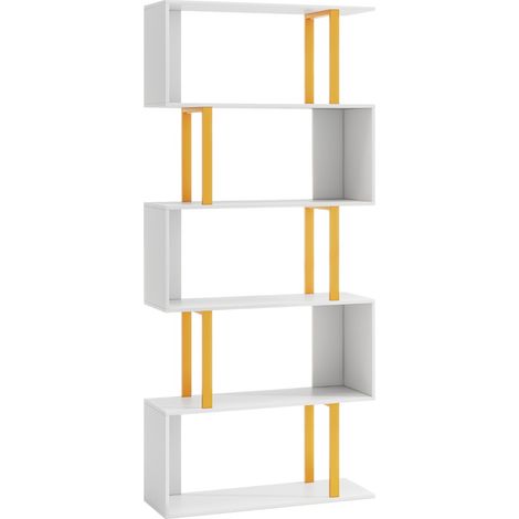 Librería geométrica de 5 niveles en forma de 'S' 70 x 24 x 157 cm solución de almacenaje versátil estilo moderno metal blanco y dorado 200010687