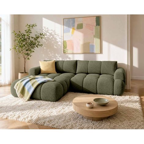 Yulin - canapé d'angle gauche 4 places convertible avec coffre en tissu bouclette - vert