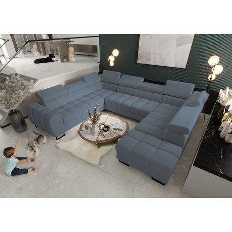 Wohnlandschaft Schlafsofa BASTIEN XL in Stoff Gemma Blau Ottomane Rechts