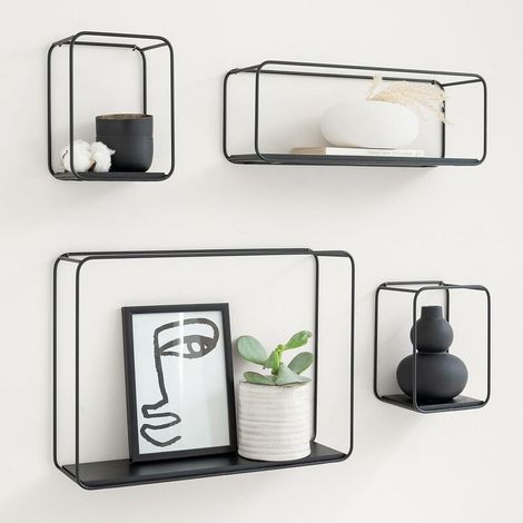 4-teiliges Wandregal-Set aus Metall und Echtholzfurnier, Wanddekoration, Aufbewahrungsmöglichkeit und Bücherregal für Badezimmer, Wohnzimmer, Küche, Schlafzimmer, Schwarze Eiche