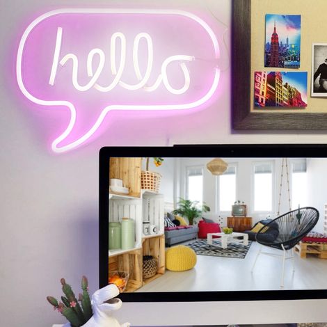 Enseigne lumineuse LED néon « HELLO » à suspendre au mur, pour bar, chambre ou salon. (1/5)