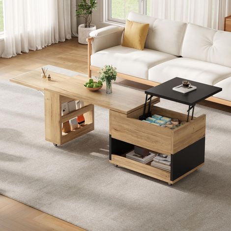 Mesa de centro elevable y extensible - 161,5x46x67 cm - giratoria 360° con compartimento de almacenaje para salón - madera moderna - color natural y negro (1/5)