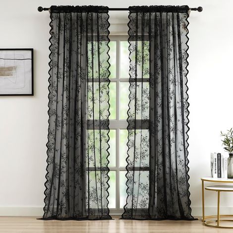 Lot de 2 panneaux de rideaux transparents en dentelle à motif floral vintage avec passe-tringle - Filtrage de la lumière - Style victorien et gothique - Pour salon, chambre à coucher (1/5)
