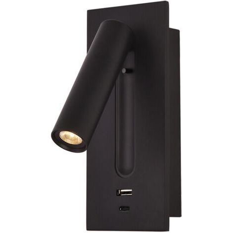 Rwoythk – Applique murale liseuse LED noire – Alliage d'aluminium – 3W lumière chaude 3000K – Angle rotatif 350° et pliable 90° – Ports USB et TYPE C