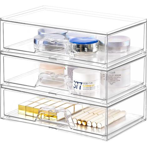 Lot de 3 Empilables Rangement Tiroir Organisateur Tiroir Salle de Bain Acrylique Transparent Rangement Coiffeuse Organisateur pour Cuisine, Placard, Garde manger, sous l'évie (1/5)