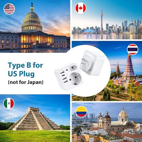 French to US Plug Adapter, USA, Canada, American Plug Adapter with 3 USB and 1 Type C and 2 Sockets, Mexico Thailand Type B (1/4)
