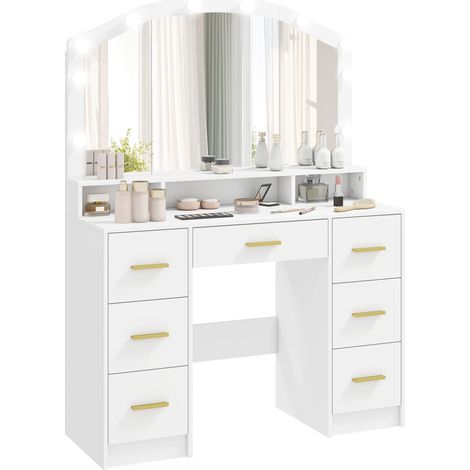 Coiffeuse 10 lampes Hollywood LED miroir 7 tiroirs 3 compartiments MDF, blanc (1/5)