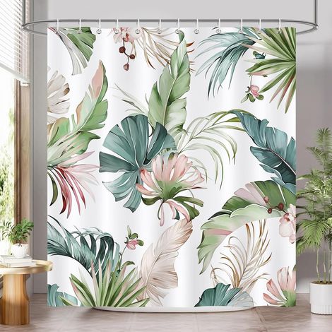 Rideau de Douche Plantes Tropicales, Rideau de Baignoire Vert Rose Feuilles de Palmier Abstrait 180 x 180 cm Polyester Imperméable Résistant à la Moisissure 12 Crochets (1/5)