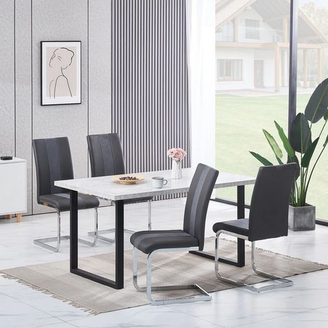 AINPECCA Grey Dining Table And 4 Chairs Dining Room Wood kitchen table and Leather chairs