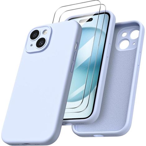 Flüssige Silikonhülle für iPhone 15 6,1 Zoll + Schutzfolien - Baby Blau (1/5)