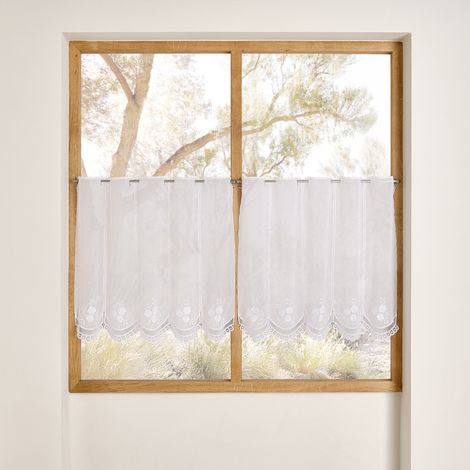 Brise-bise brodé à motif fleurs avec finition macramé Blanc 60x120 cm