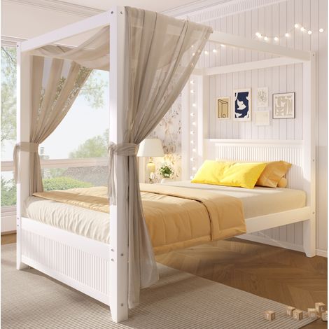 Lit à baldaquin 90/200 cm blanc en bois, cadre supérieur décoratif et barreaux verticaux (1/5)