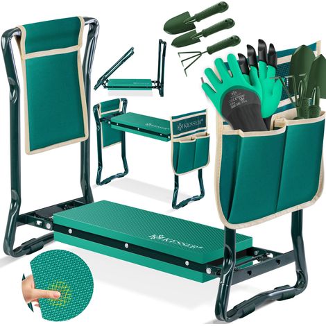 KESSER® 2 in 1 Panchina XXL per giardinaggio imbottita Cuscino in schiuma di Eva Sgabello da giardino pieghevole Incl. 2x Borsa per attrezzi Panchina da giardino regolabile in altezza Verde / Beige (1/5)