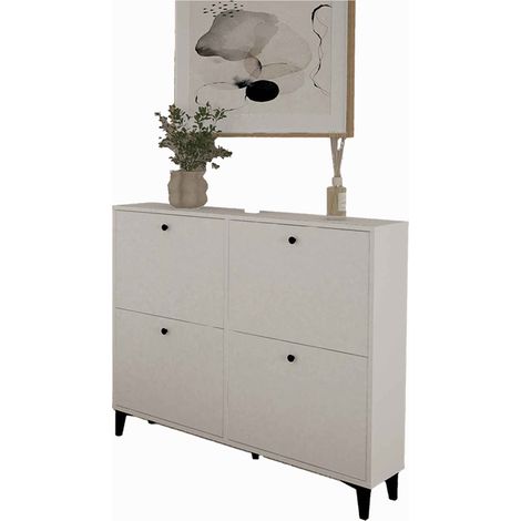 Meuble à chaussures sur pieds de 4 portes coloris Blanc - Hauteur 97 x Longueur 116 x Profondeur 24 cm (1/4)